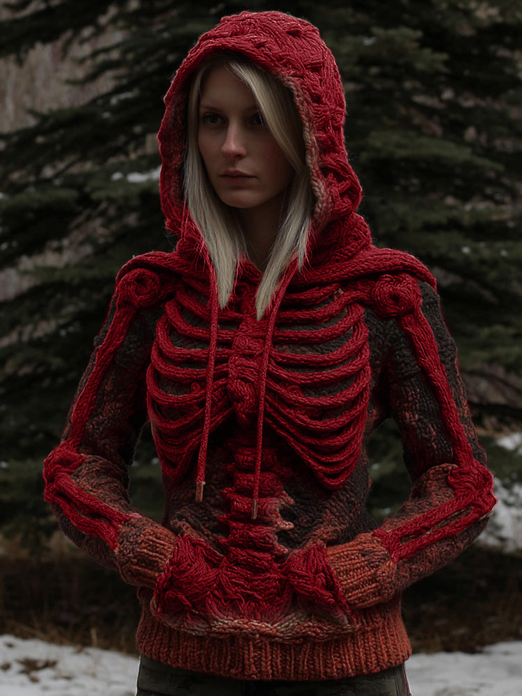 Women's Vintage White Skeleton Gradient Art Cozy Hooded Sweater