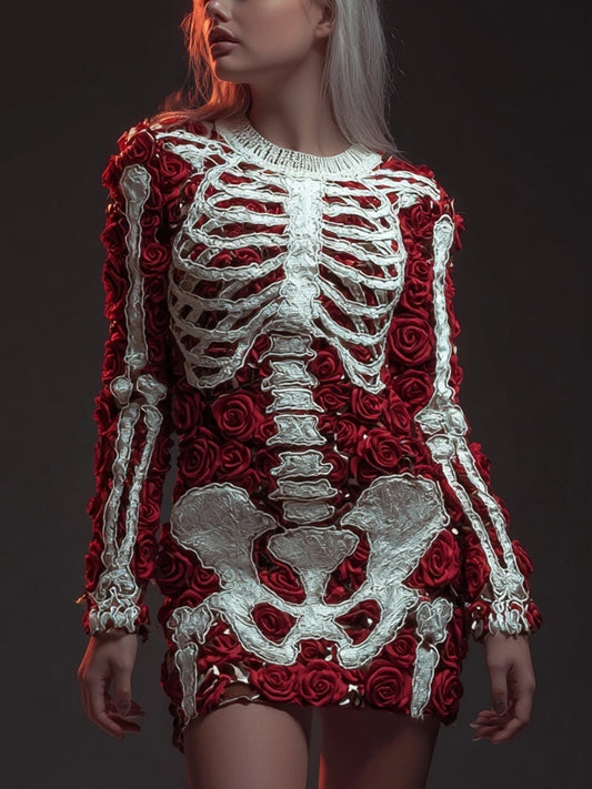 Vintage Skeleton Red Roses Art Cozy Sweater Mini Dress