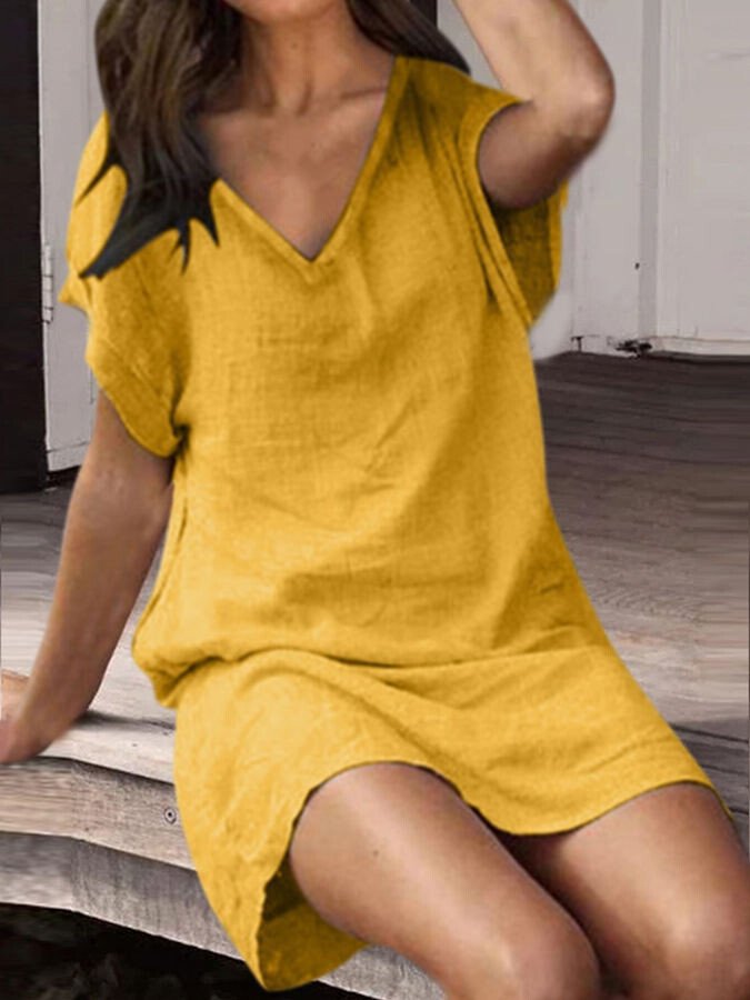 Airrys™ Women's V-Neck Solid Color Cotton Linen Midi Dress