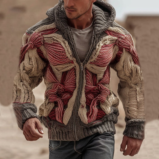 Men's Muscle Anatomy Art Warm Chunky Knit Zip-up Sweater