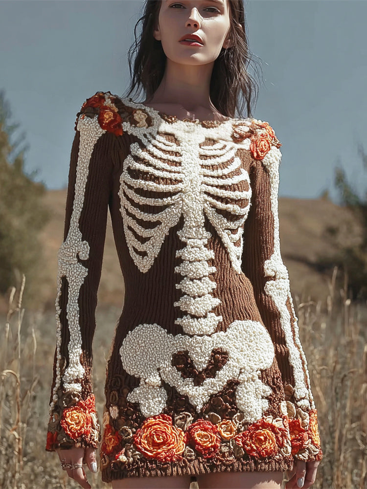 Halloween Skeleton & Floral Art Women's Knit Mini Dress