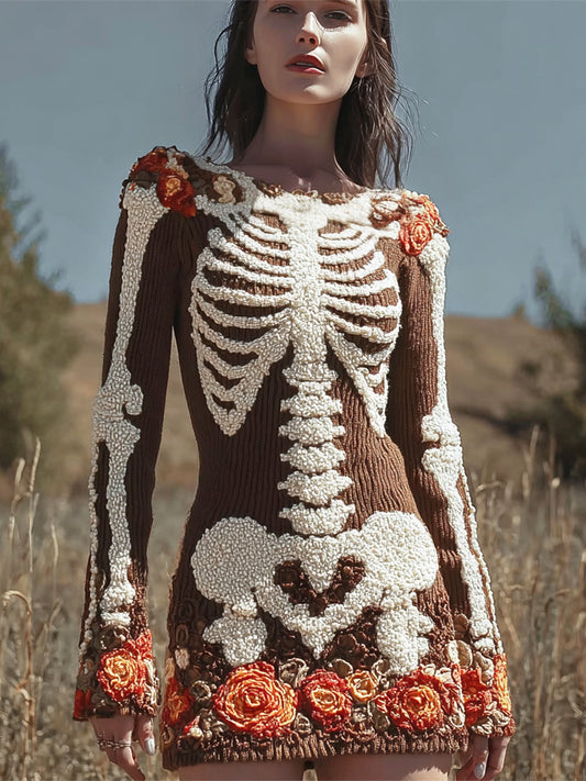 Halloween Skeleton & Floral Art Women's Knit Mini Dress