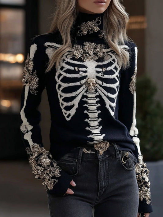 Women's Gothic Style Skeleton & Floral High Neck Cozy Sweater