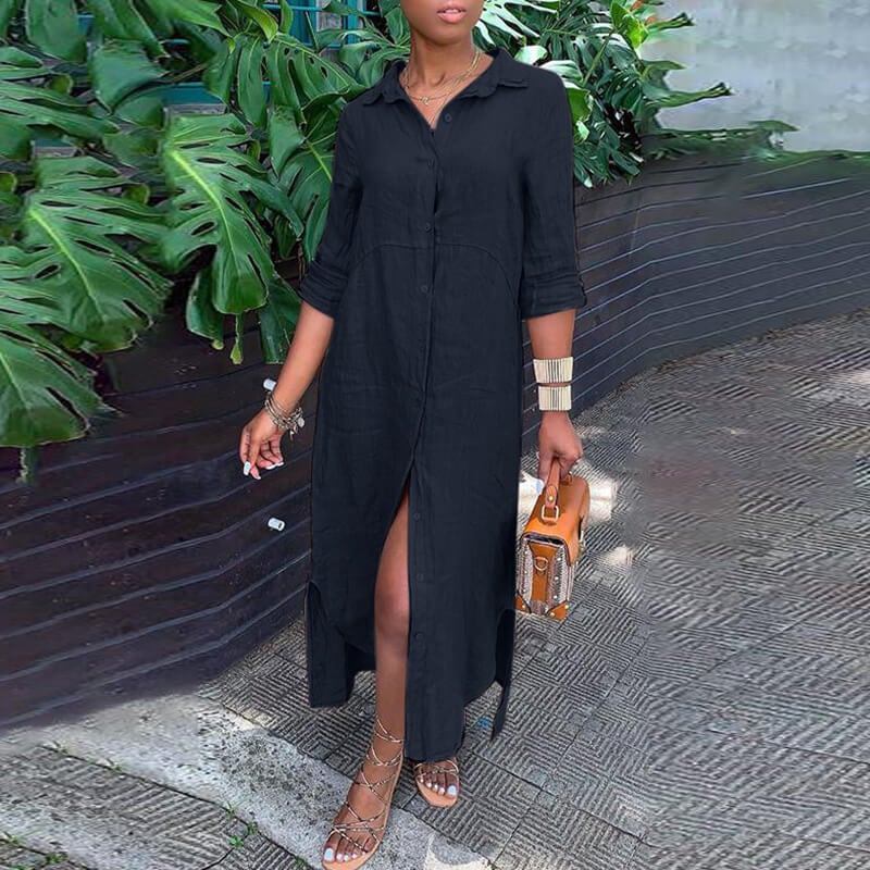 Cotton linen shirt collar button dress Long skirt