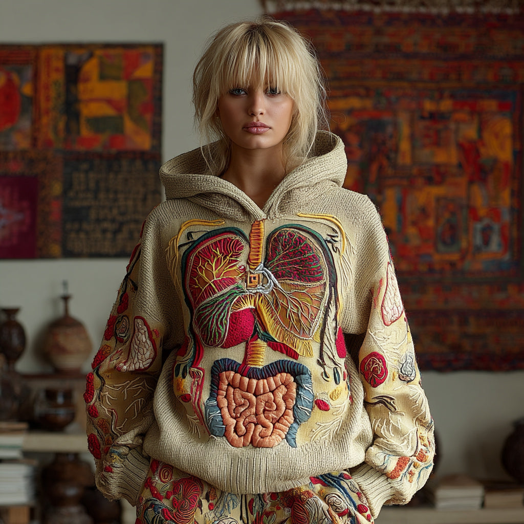 Women's Retro Human Organ Embroidery Art Cozy Knitted Hooded Sweater