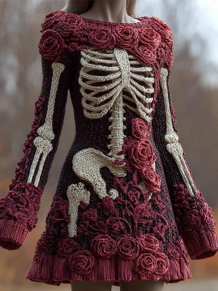 Vintage Skeleton Roses Crew Neck Cozy Sweater Dress