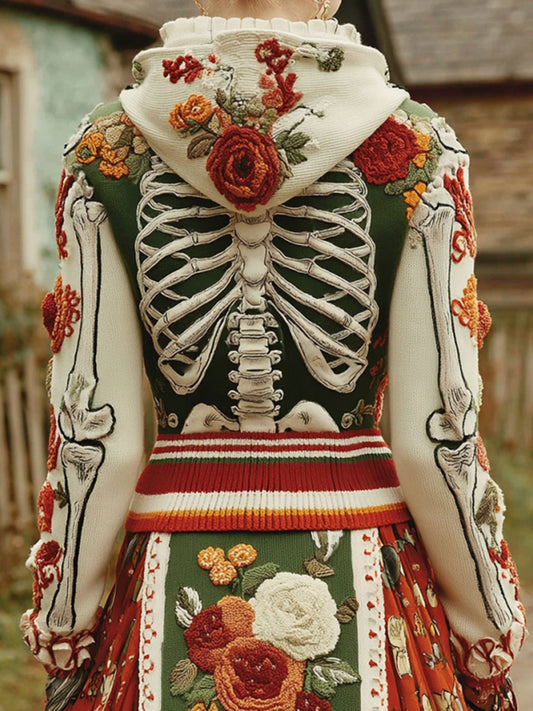 Vintage Halloween Anatomy Chunky And Skeleton Floral Knitted Hooded Sweater