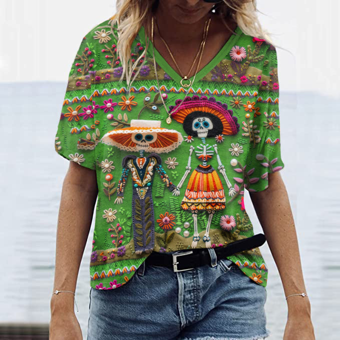 Mexican Sugar Skeleton Couple Catrina Day Of The Dead Inspired Art Inspired Painting V-Neck T-Shirt