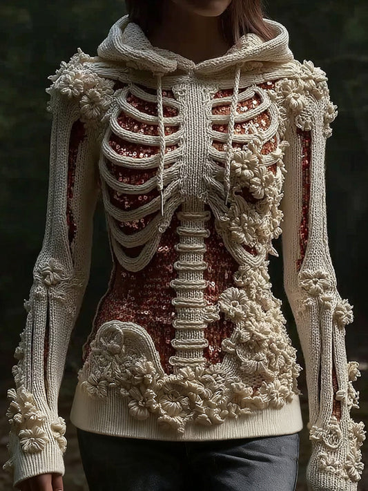 Women's Vintage White Skull Sequin Art Cozy Hooded Sweater