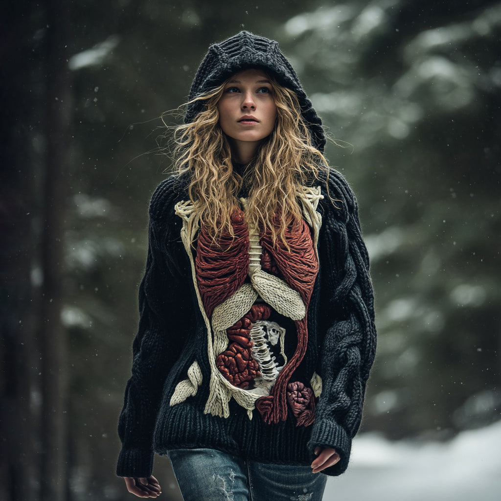 Women's Halloween Human Anatomy Art Knit Hooded Sweater