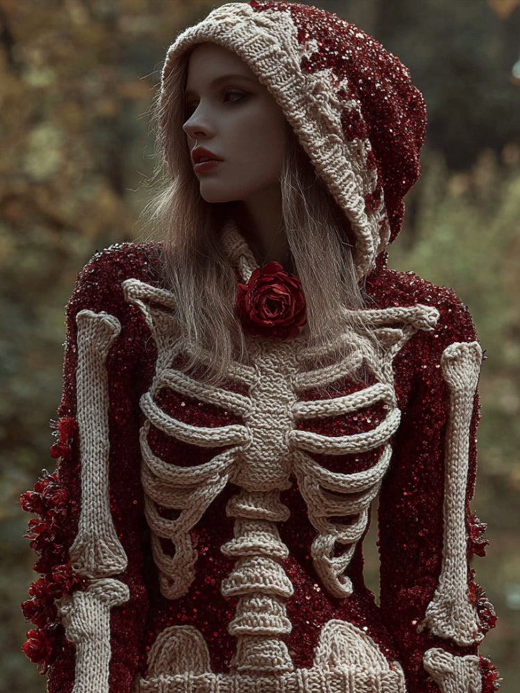 Women's Halloween Skeleton Rose Art Hoodie Sweater