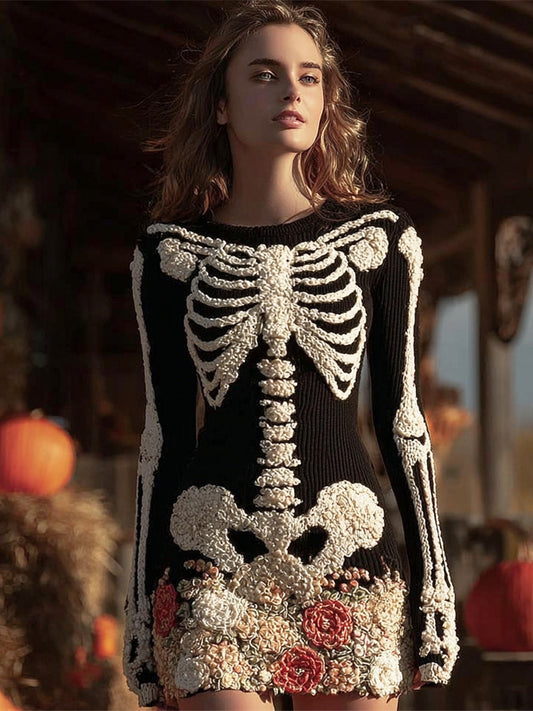 Halloween Skeleton & Floral Art Women's Knit Mini Dress