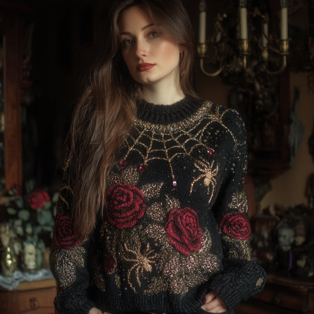 Halloween Antique Spider And Red Rose Vintage Round Neck Sweater