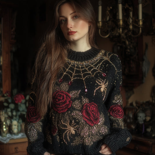 Halloween Antique Spider And Red Rose Vintage Round Neck Sweater