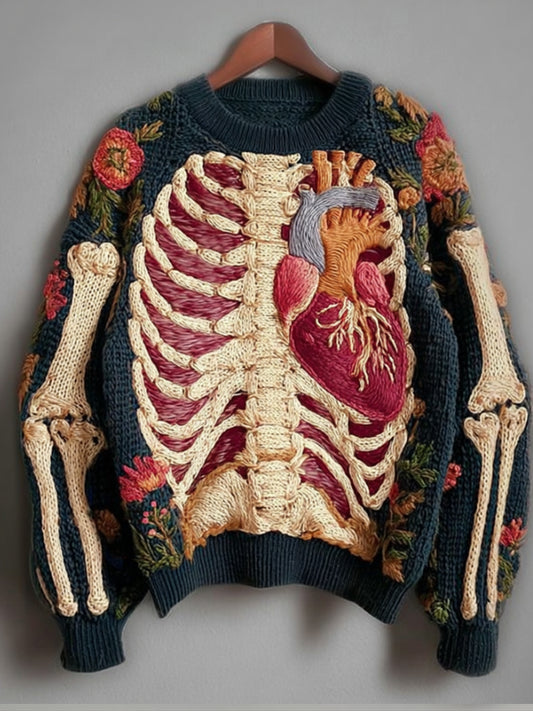 Vintage Halloween Human Anatomy Art And Floral Round Neck Sweater
