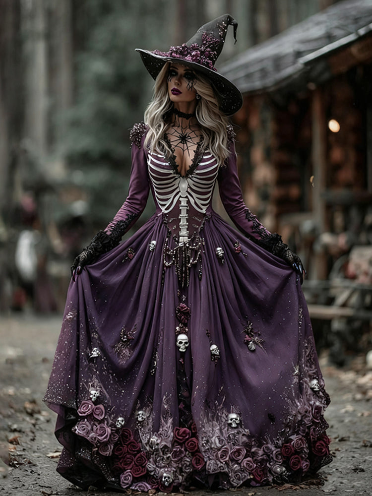 Vintage Witch Skull Rib Rose Pattern V-neck Maxi Dress