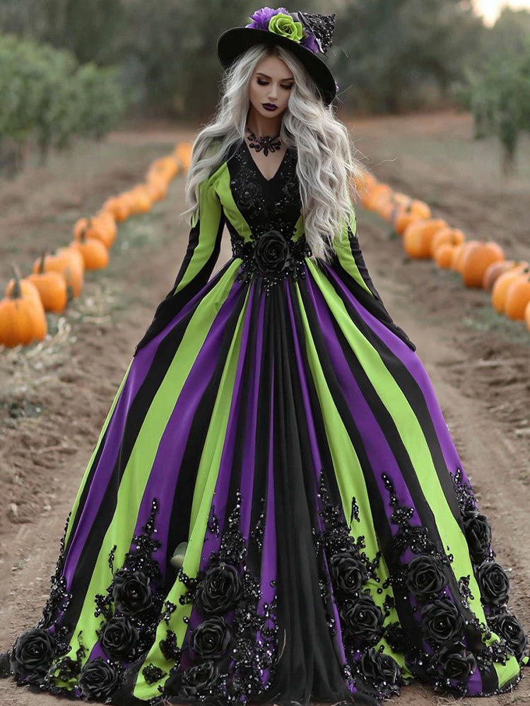 Women's Vintage Halloween Black Green Purple Stripes Art Comfy Velvet V Neck Maxi Dress