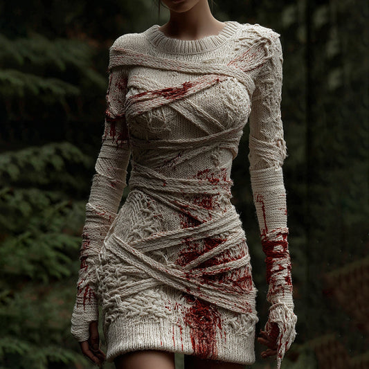 Women's Halloween Bandage Art Cozy Knit Mini Sweater Dress
