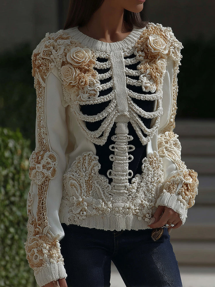 Women's Halloween Skeleton Bones With Roses Art Knitted Warm Sweater