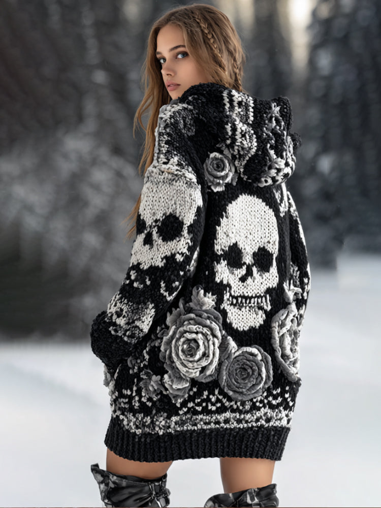 Women's Viking-style Rose And Skull Long-sleeved Hooded Sweater