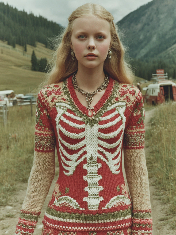 Women's Halloween Skull Rib Art V Neck Knit Pullover Sweater