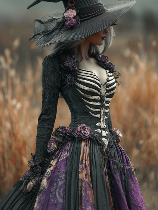 Lady's Halloween Skeleton Octopus Retro Cotton And Linen V-neck Dress