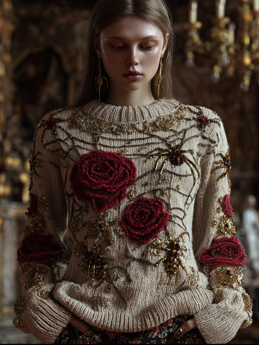 Antique Halloween Spider Silk And Red Rose Rice White Round Neck Sweater