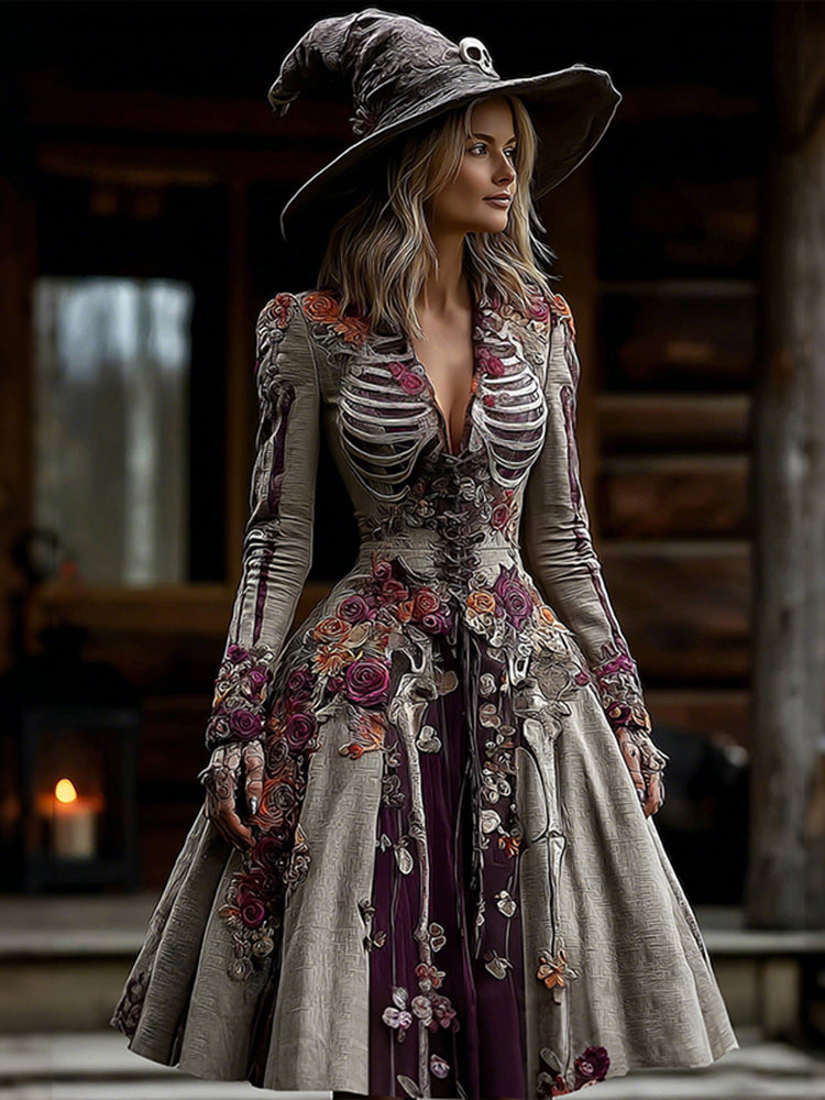 Women's Halloween Rose Skeleton Witch Cosplay Midi Dress
