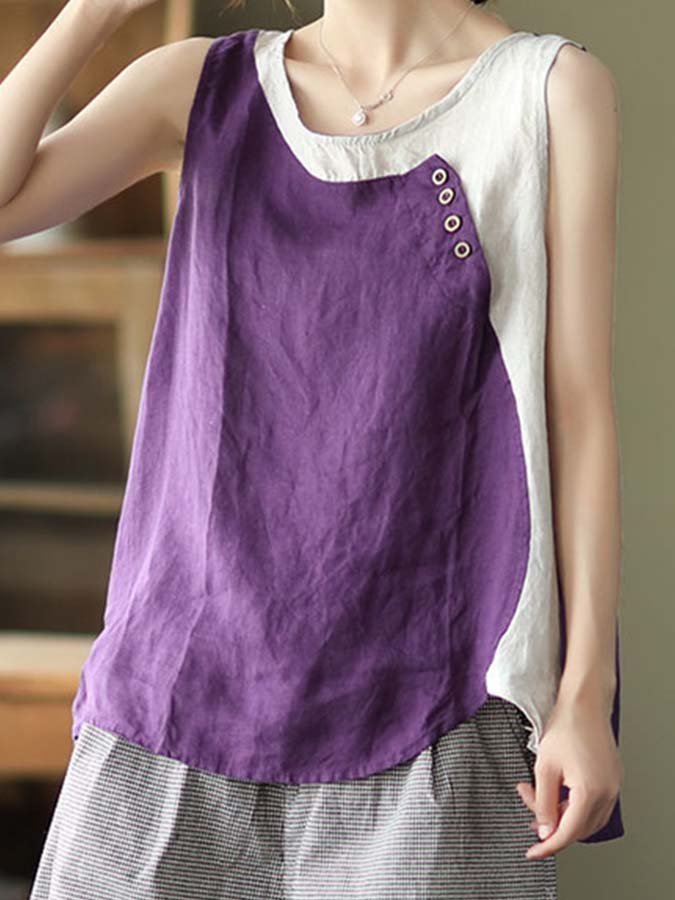 Airrys™ Women's Cotton Linen Colorblock Button Loose Sleeveless Top