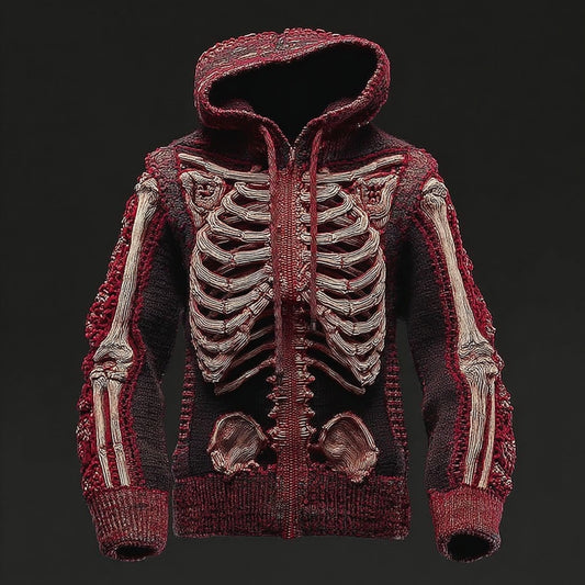 Men's Vintage Skeleton Zip Up Hooded Sweater Cardigan