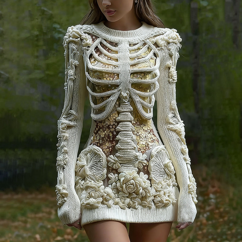 Women's Vintage Halloween Skeleton Bones With Glitter And Rose Art Cozy Knit Mini Sweater Dress