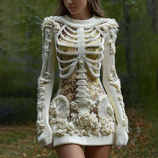 Women's Vintage Halloween Skeleton Bones With Glitter And Rose Art Cozy Knit Mini Sweater Dress