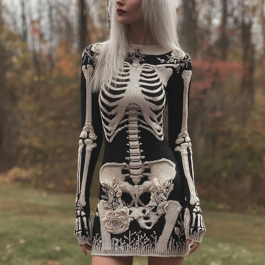 Vintage Skeleton White Roses Cozy Knit Sweater Mini Dress