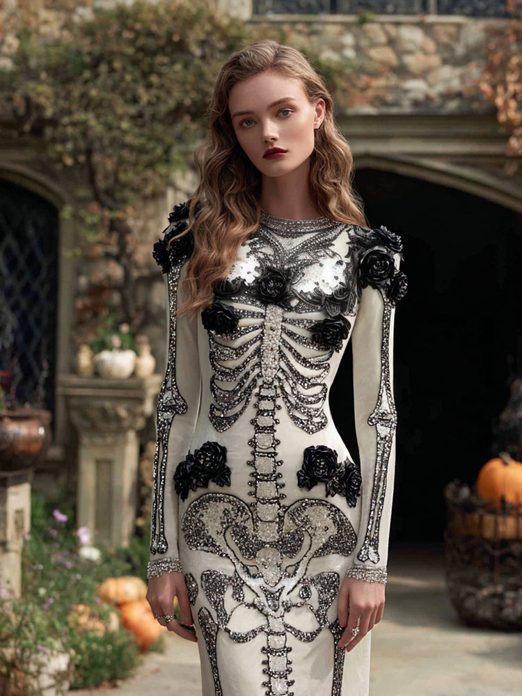 Women's Halloween Skeleton Bones Rose Velvet Maxi Dress