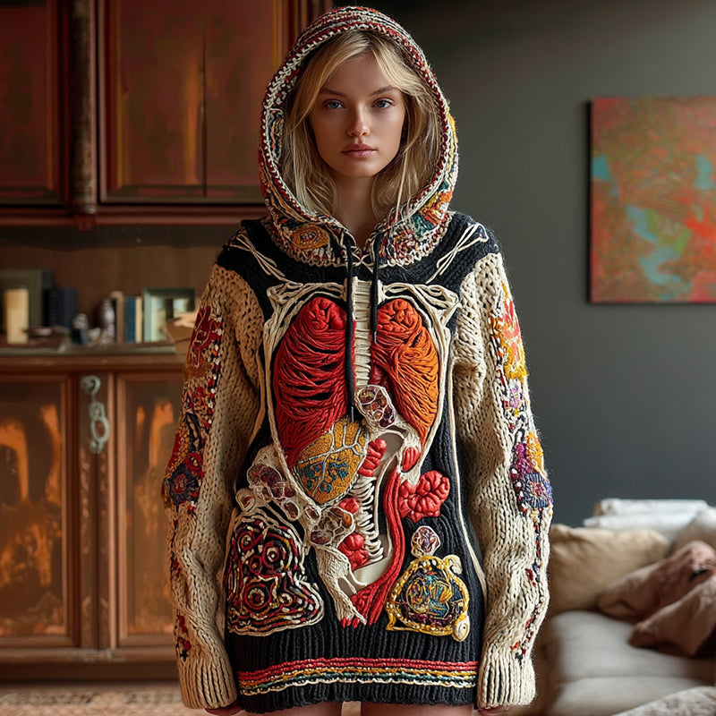 Women's Retro Human Organ Embroidery Art Knit Hooded Sweater