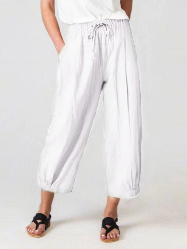 Women's Cotton Linen Drawstring Cropped Pocket Casual Pants