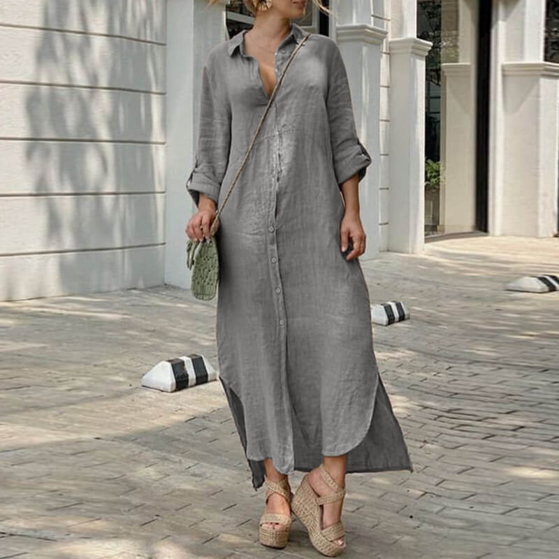 Cotton linen shirt collar button dress Long skirt