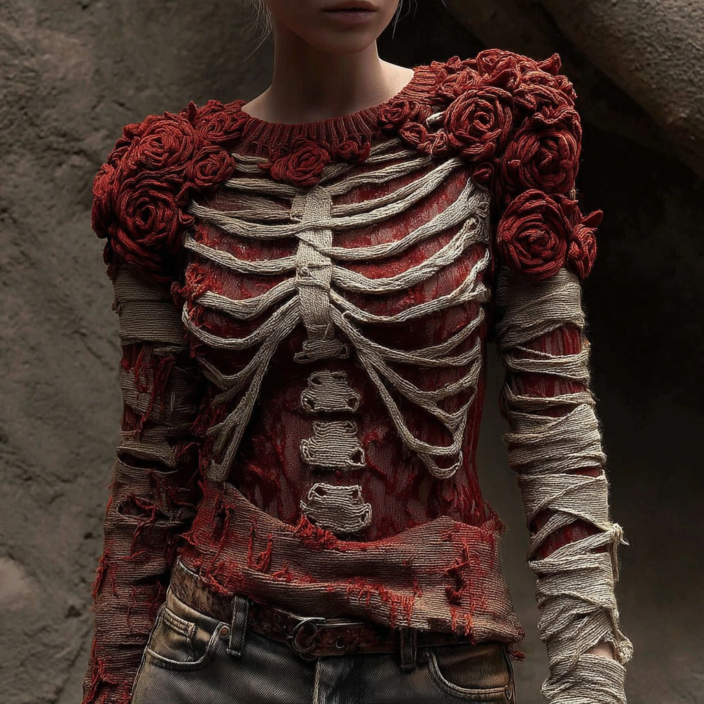 Women's Halloween Anatomical Bandage Rose Art Cozy Knit Sweater