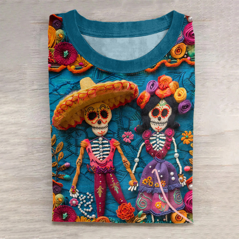 Mexican Festive Day Of The Dead Sugar Skeleton Couple Inspired Art Pattern Print Cotton Graphic T-Shirt