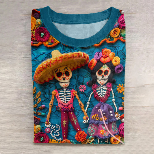 Mexican Festive Day Of The Dead Sugar Skeleton Couple Inspired Art Pattern Print Cotton Graphic T-Shirt