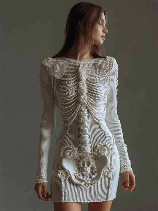 Classy Roses Skeleton Pearls Beaded Cozy Knit Sweater Dress
