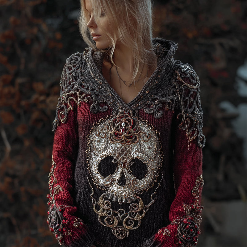 Elegant Skull & Roses Beaded Celtic Gradient Cozy Knit Hooded Sweater