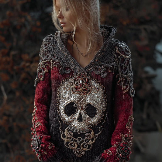 Elegant Skull & Roses Beaded Celtic Gradient Cozy Knit Hooded Sweater