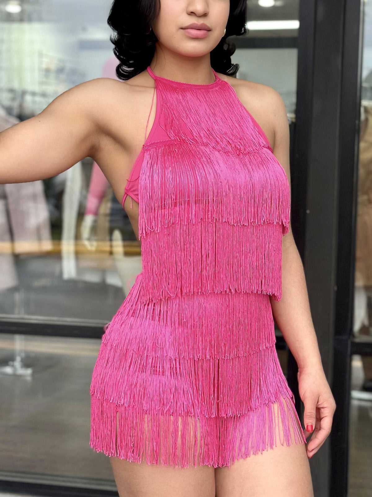 Halter Neck Backless Tassel Layered Fringe Romper