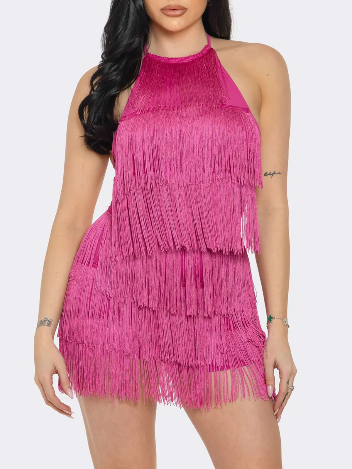 Halter Neck Backless Tassel Layered Fringe Romper