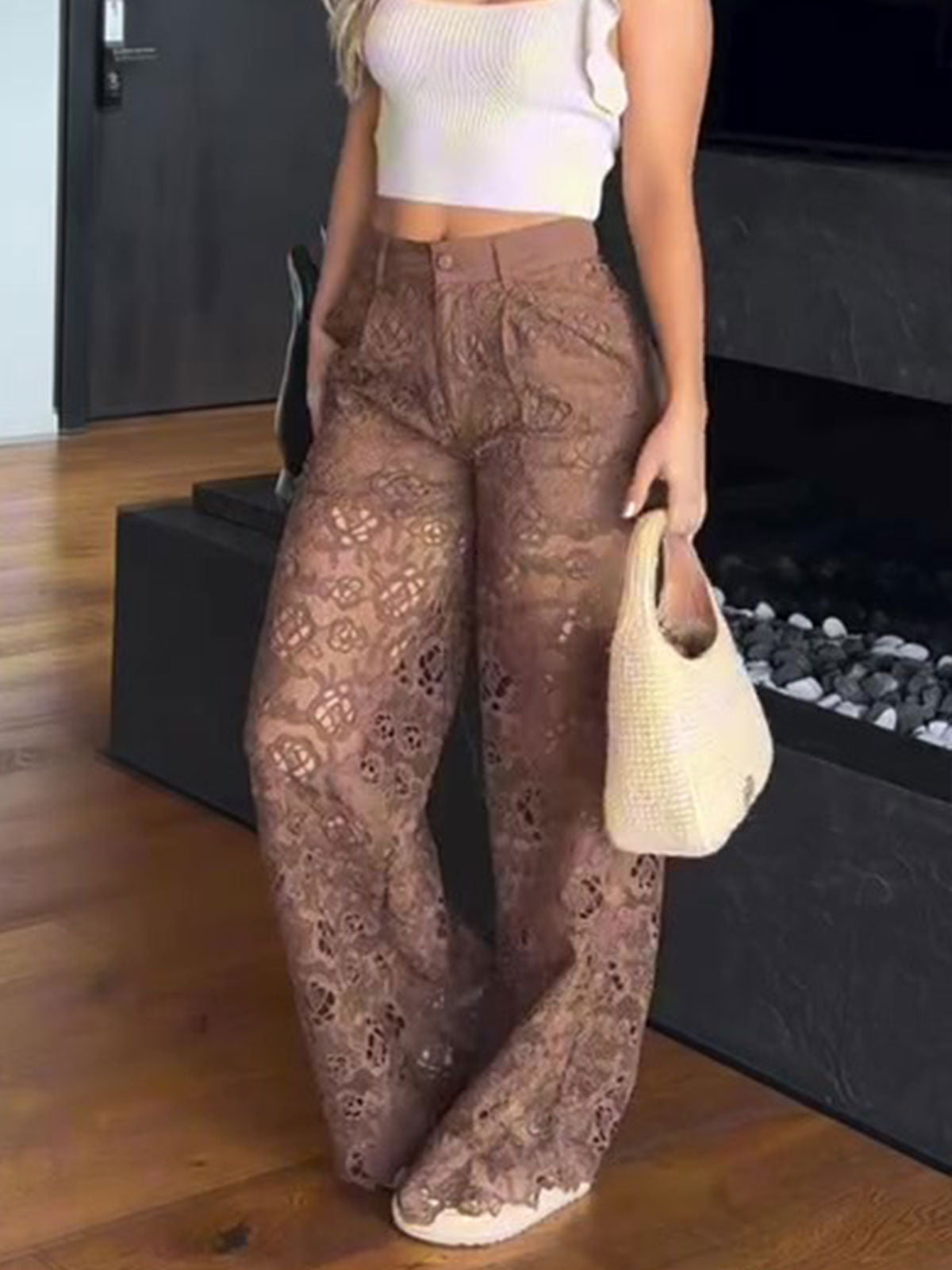 Women's Sexy See Through Lace Slim Straight Leg Pants