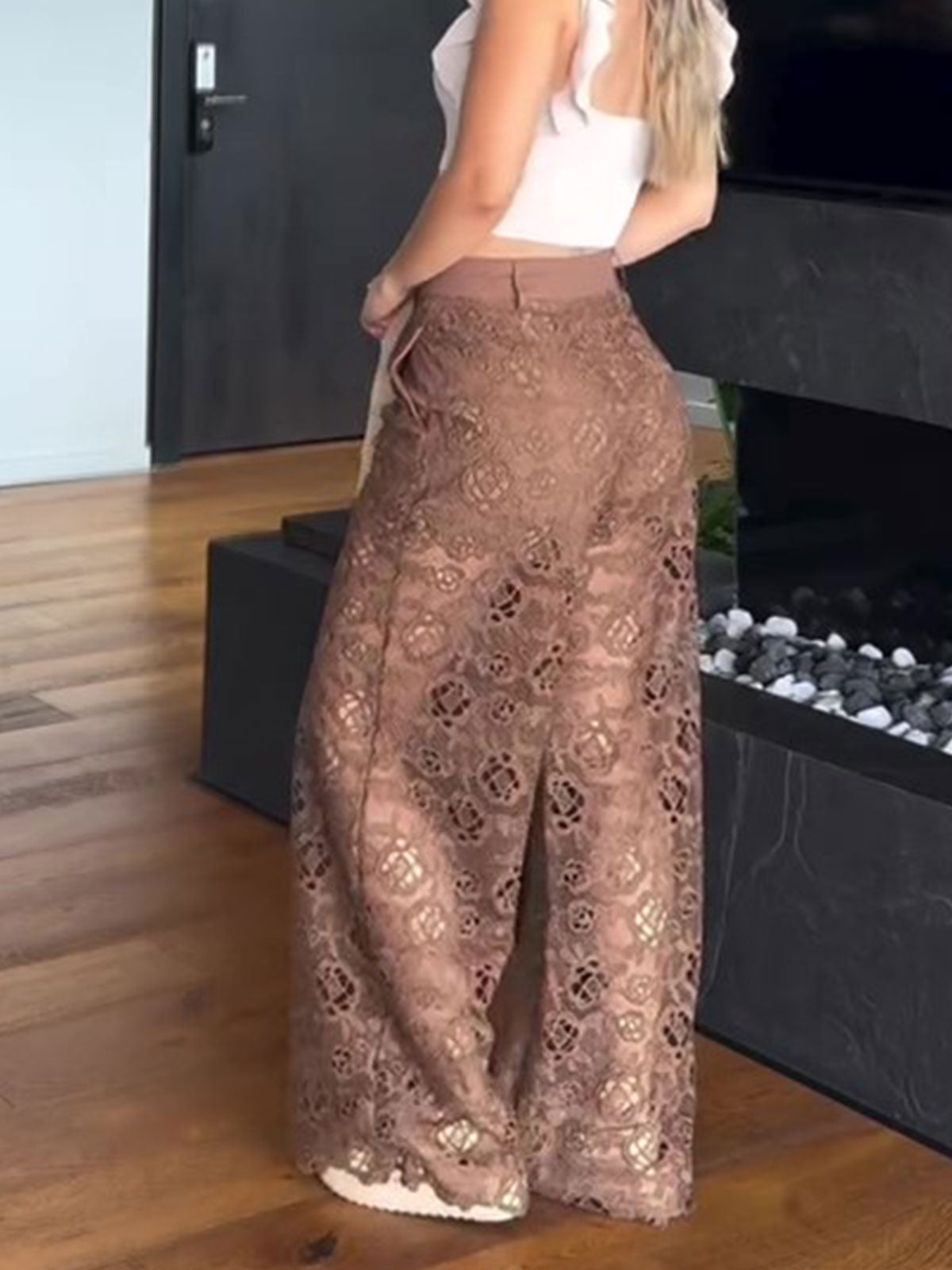 Women's Sexy See Through Lace Slim Straight Leg Pants