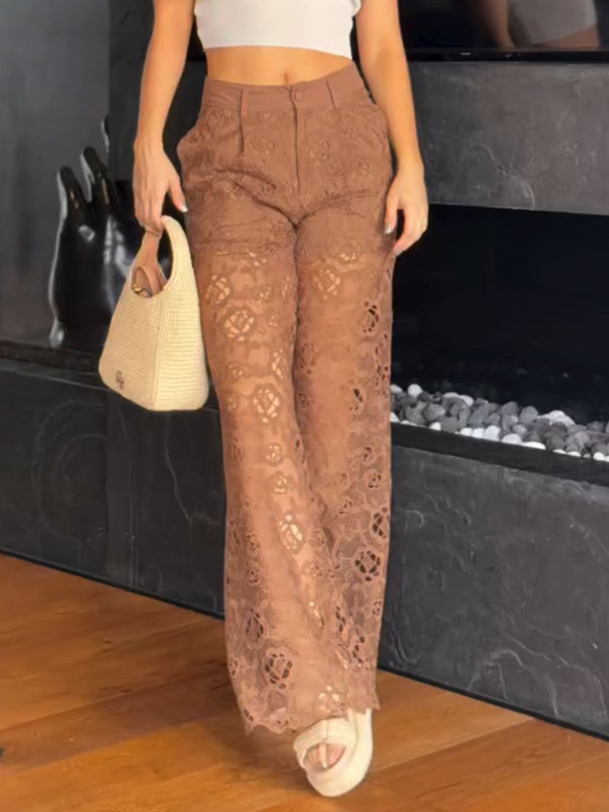 Women's Sexy See Through Lace Slim Straight Leg Pants