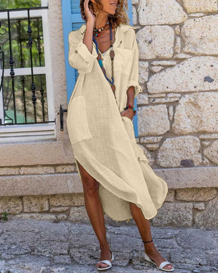 Solid color cotton and linen long-sleeved slit casual long shirt dress