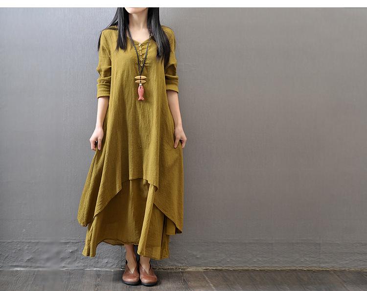 Casual loose fake two-piece long-sleeved cotton and linen dress